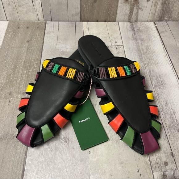 NWB FARM Rio Black Rainbow Beaded Mule Size 10 - Picture 1 of 10